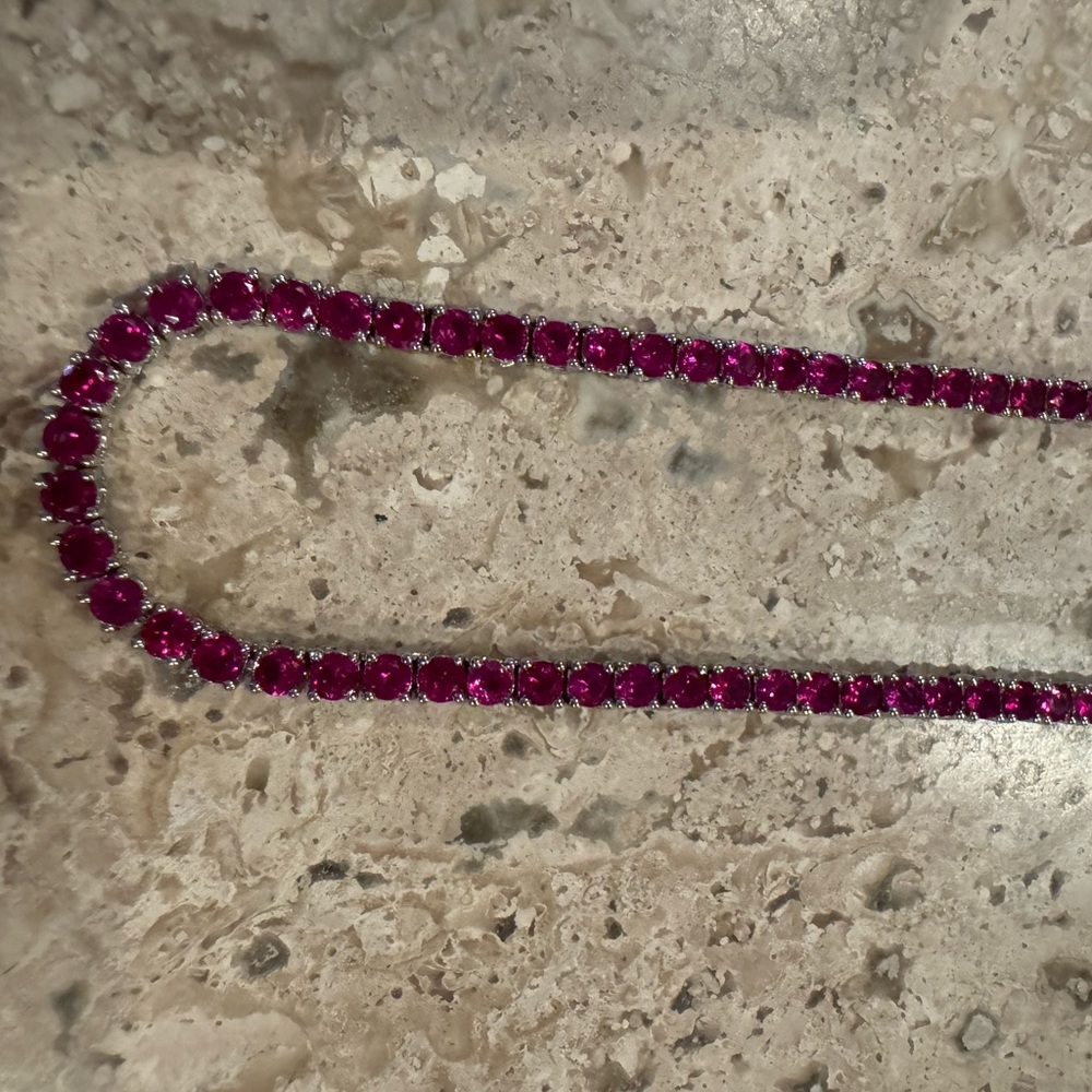 Burgundy color tennis necklace with sterling silver
